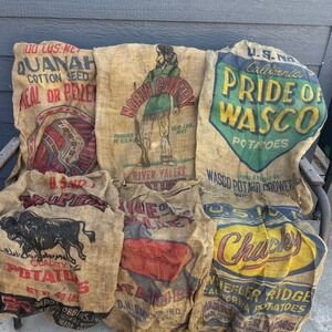 Unbranded Burlap Sacks Tan Good Vintage Graphic Feed Potato Bag Lot 7PC Advertis